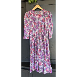 Vintage Tabby of California Floral Midi Dress Purple Pink Fitted Waist USA XS S